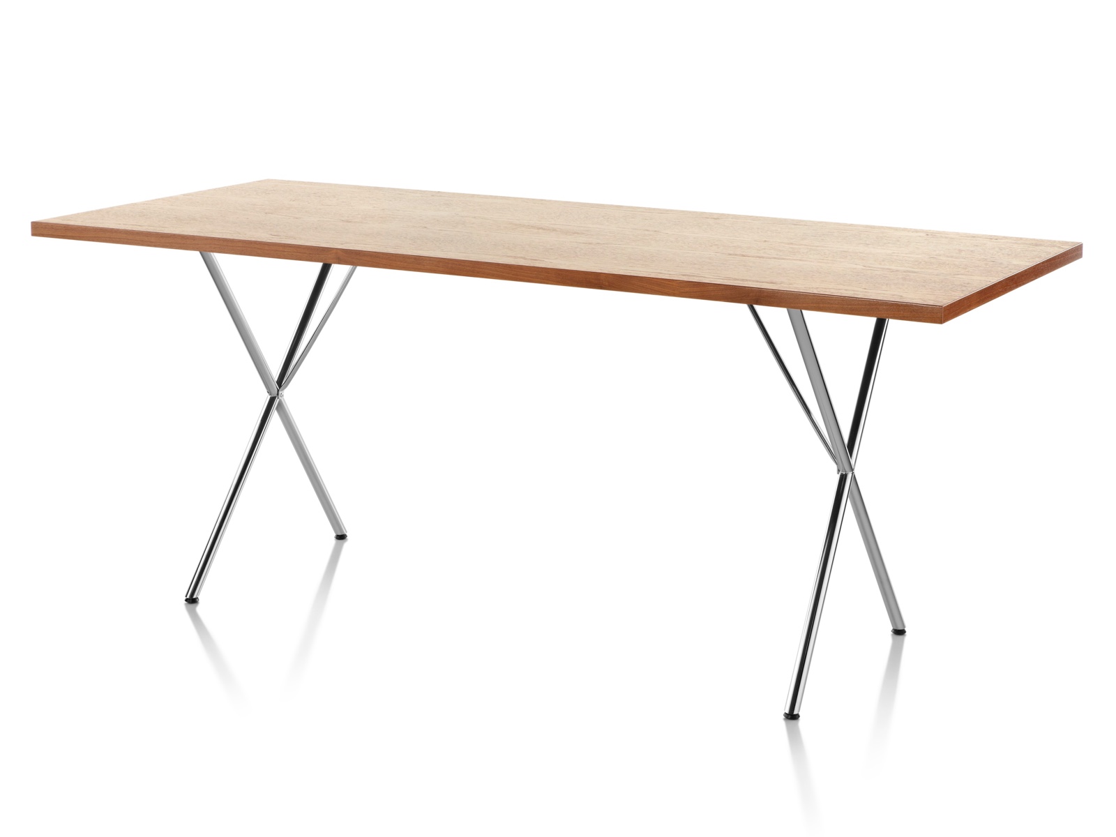 A Nelson X-Leg Table with a light veneer top and chrome legs, viewed from a 45-degree angle. 